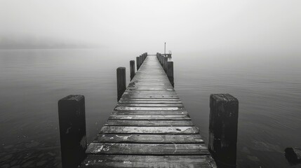 Obraz premium Wooden dock extending into a foggy lake