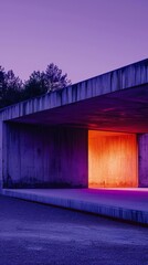 Modern concrete building illuminated by pink light at dusk