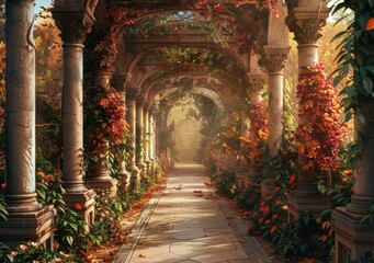 fantasy autumn park with stone archway and colorful flowers