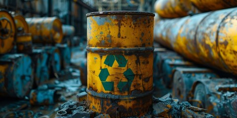 rusty yellow barrel with green recycle logo
