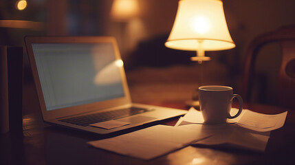 Nocturnal Productivity: Laptop on Desk with Coffee, Lamp, and Organized Paperworks