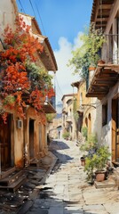 A narrow street with stone buildings and colorful flowers