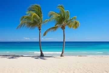 Obraz premium Two palm trees on a beach with white sand and blue ocean