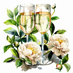 Gorgeous watercolor clipart: wedding champagne with white eustomas and peonies on a white background. Ideal for bridal stationery, event invitations, and romantic-themed designs.