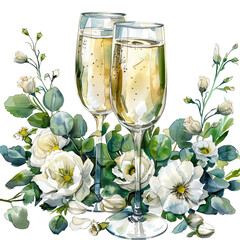 Delicate watercolor clipart featuring wedding champagne embellished with white eustomas and peonies on a white backdrop. Ideal for wedding stationery, event invitations, and floral-themed designs