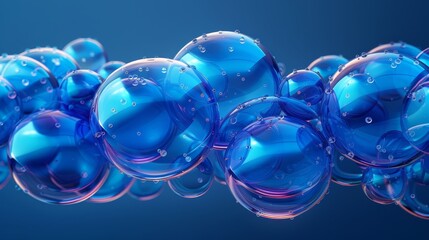   A collection of blue bubbles hovering above a deep blue water surface, adorned with water droplets beneath