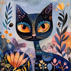 A black cat with yellow eyes is surrounded by bright flowers and plants. The background is a gradient of blue, pink and orange.