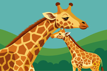 Fototapeta premium mama giraffe nuzzles her newborn calf with a long, affectionate lick.