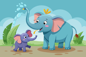 mama elephant playfully sprays water on her happy calf with its trunk. - obrazy, fototapety, plakaty