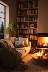 Cozy living room interior with fireplace, bookshelves, sofa and candles