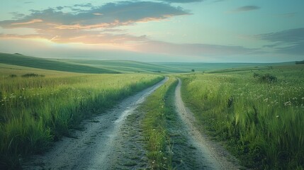 The Country Road Through The Green Field