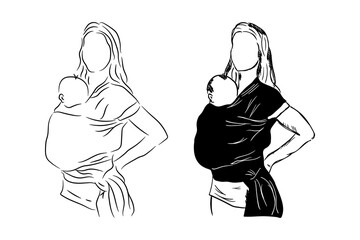 Mom carries her baby in a baby carrier, hand drawn line art vector sketch illustration