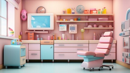 A pink and blue illustration of a dentist's office