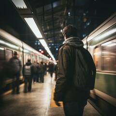 Man in a train station with blurred people in the background