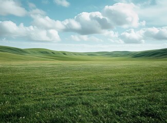 Obraz premium Vast green grassland under blue sky and white clouds