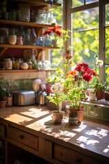 Fototapeta na wymiar Kitchen windowsill with flowers