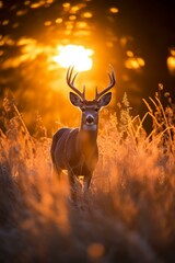 A majestic deer stands in a field of tall grass at sunset.
