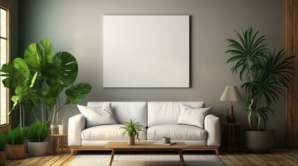 A living room with a large white sofa, a coffee table, and a few plants
