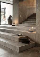Concrete staircase with books and candle holder