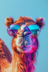 A quirky camel with vibrant sunglasses posing against a bright sky, exuding coolness and humor