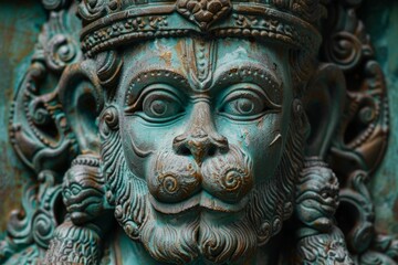 A statue of a monkey with a blue face and gold trim