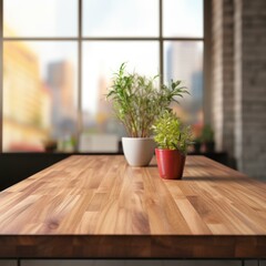 Two potted plants on a wooden table with blurred background