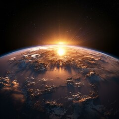 Sunrise from space showing the curvature of the Earth and the atmosphere - obrazy, fototapety, plakaty