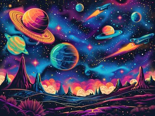 Obraz na płótnie Canvas A colorful outer space scene with planets, stars, and a spaceship. The background is a black canvas with neon colors, and the foreground has a hilly landscape.