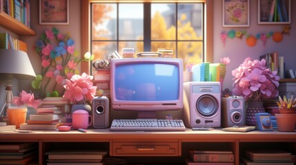 A Cozy Workstation with a Computer and Flowers