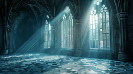Mystic empty gothic hallway with ornate stained glass windows in an old castle - obrazy, fototapety, plakaty