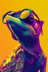A chameleon dons hipster glasses, a display of bright colors and personality against a vibrant backdrop