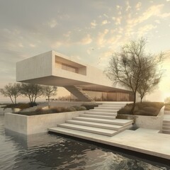 Modern minimalist villa with large windows and terrace