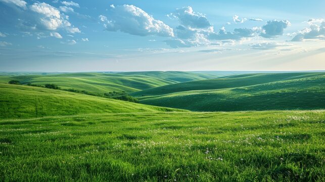 Green rolling hills under blue sky with white clouds