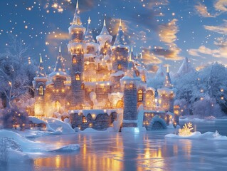 A castle with a snowy roof and a snowy landscape. The castle is lit up with lights, giving it a warm and inviting atmosphere. The scene is set in a winter wonderland