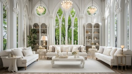 Bright white living room with large windows and lush greenery outside
