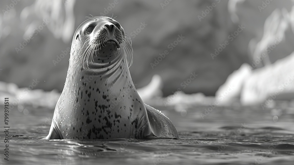 Wall mural   A monochrome picture of a seal swimming amidst iceberg-covered water