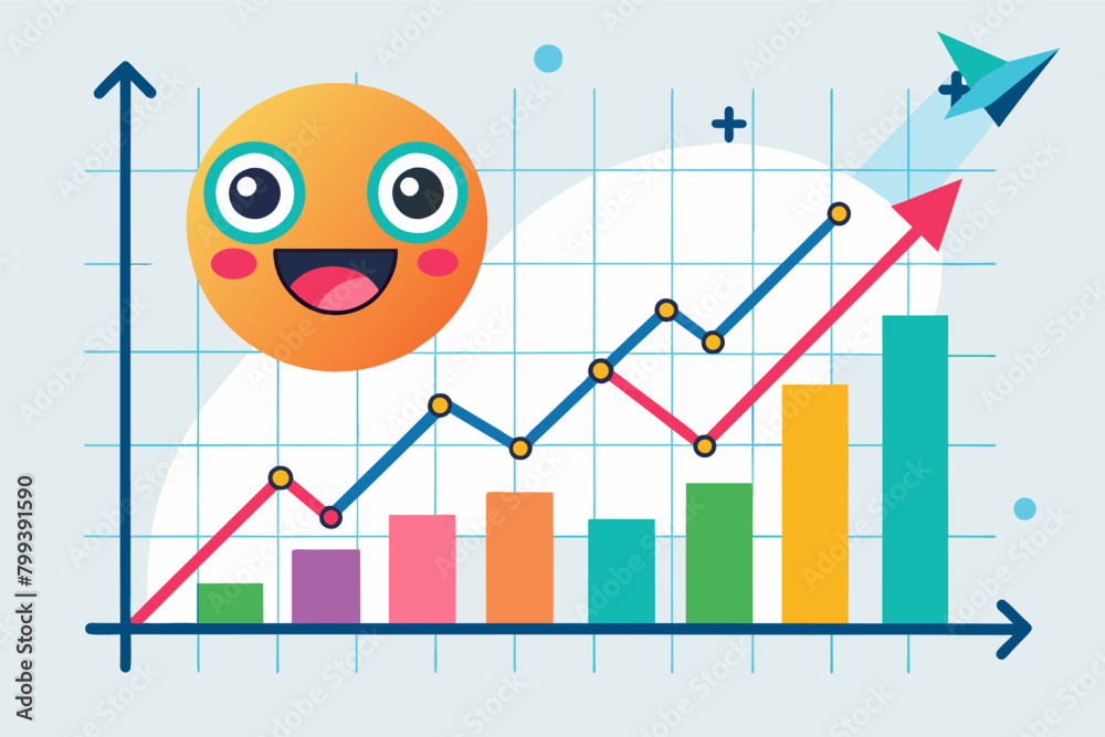 Poster line graph with a cheerful face happily climbs upwards.