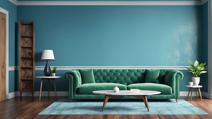  Photo modern vintage interior of living room, blueprint home decor concept ,green couch with marble table on wall and hardwood flooring ,3d render