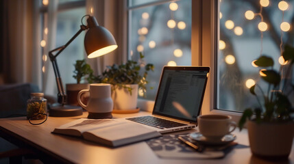 Chic Dusk Office: Laptop Shares Space with Lamp Radiance, Coffee Mug, and Neat Paperworks