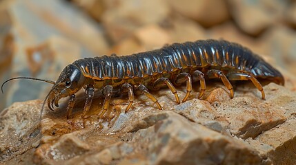 Obraz premium Close-up of a caterpillar on a rock amidst rocks in the background and water in the foreground