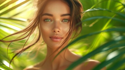 portrait of a beautiful woman with green eyes and brown hair standing in front of a palm tree