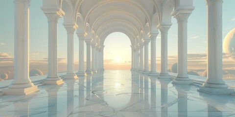 Futuristic cityscape with white marble floor and large columns