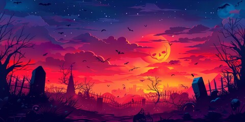 Halloween Graveyard at Sunset with bats flying around