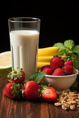 glass of milk with strawberries, banana, and nuts on a wooden table