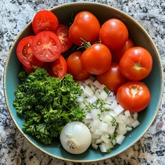 Fresh vegetables and herbs on a cutting board