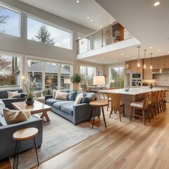 Modern house interior living room kitchen dining room