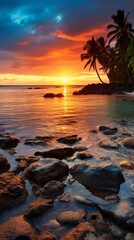 Obraz premium The setting sun casts a golden glow over the ocean and palm trees