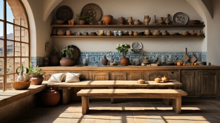 A beautiful Mediterranean kitchen with a large window overlooking the desert