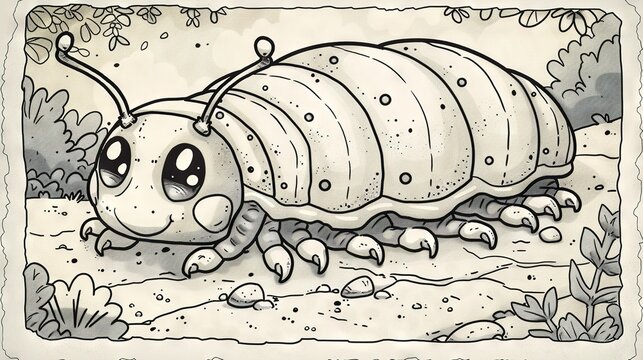   A monochrome illustration depicts a bug scuttling across a patch of dirt amidst a field of vegetation