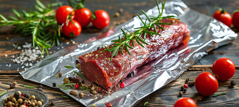 Aluminum foil roll with a piece of raw meat, tomatoes, rosemary and spices on a wooden background.